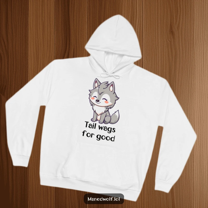 Funny maned wolf hoodie featuring a cute character with a big happy grin and a wagging tail, radiating warmth and joy.