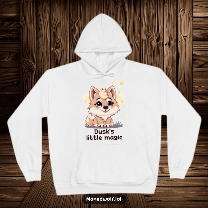 Funny hoodie featuring a maned wolf with wide, joyful eyes watching a swarm of gentle fireflies at dusk.