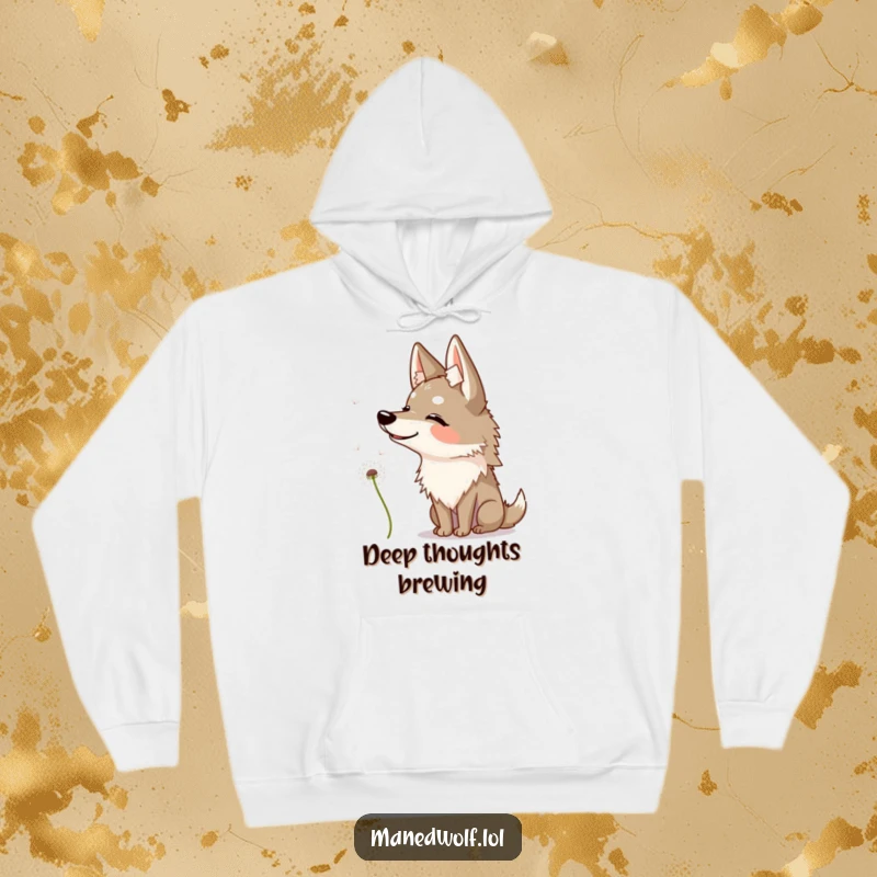 Funny maned wolf hoodie showing a happy wolf curiously watching a dandelion seed float by.