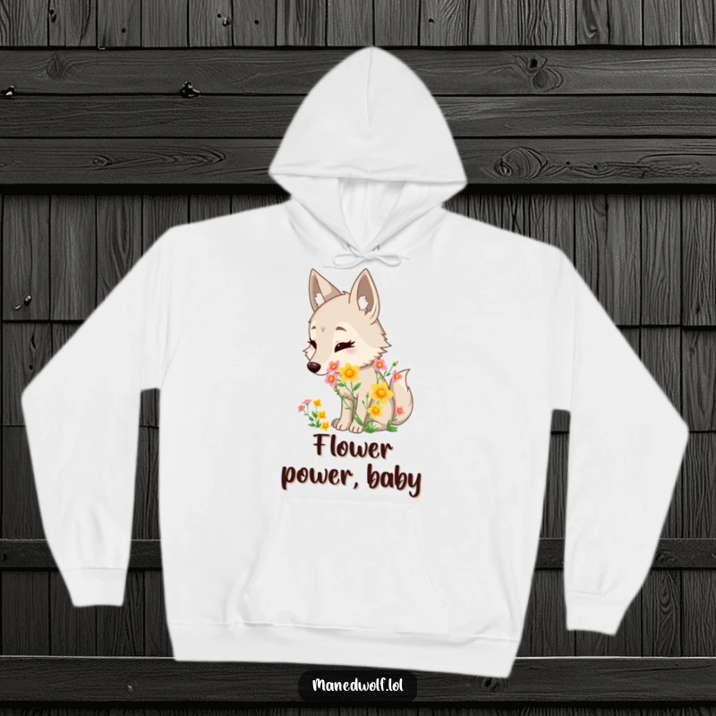 Funny maned wolf hoodie depicting a character delightedly sniffing a colorful wildflower bouquet, offering cozy, floral vibes.