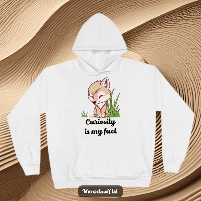 Funny Kawaii Maned Wolf Hoodie showing a cute wolf curiously sniffing grass, offering warmth and a touch of playful investigation.