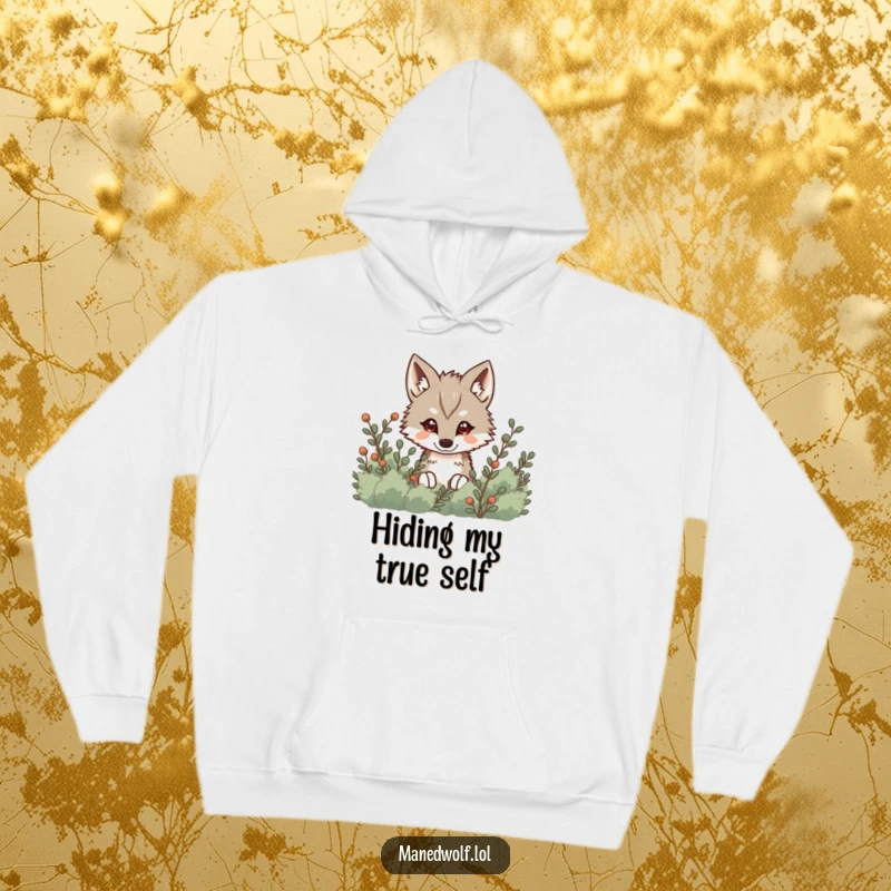 Funny Kawaii Maned Wolf Hoodie showing a cute wolf peeking from behind bushes, offering warmth and a touch of playful intrigue.