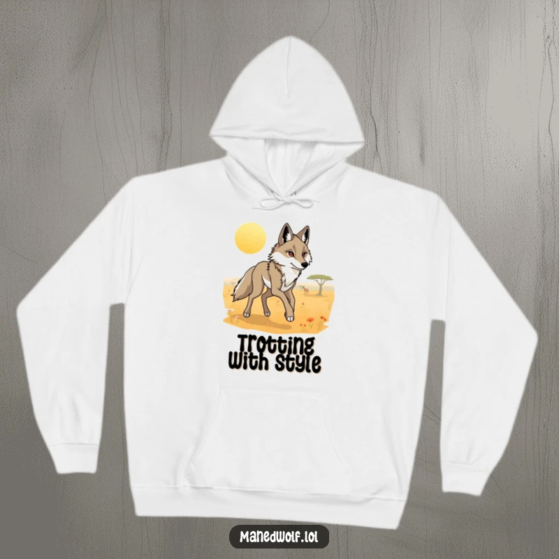 Funny maned wolf hoodie illustrating a majestic wolf with long legs trotting serenely through a sunlit savanna.