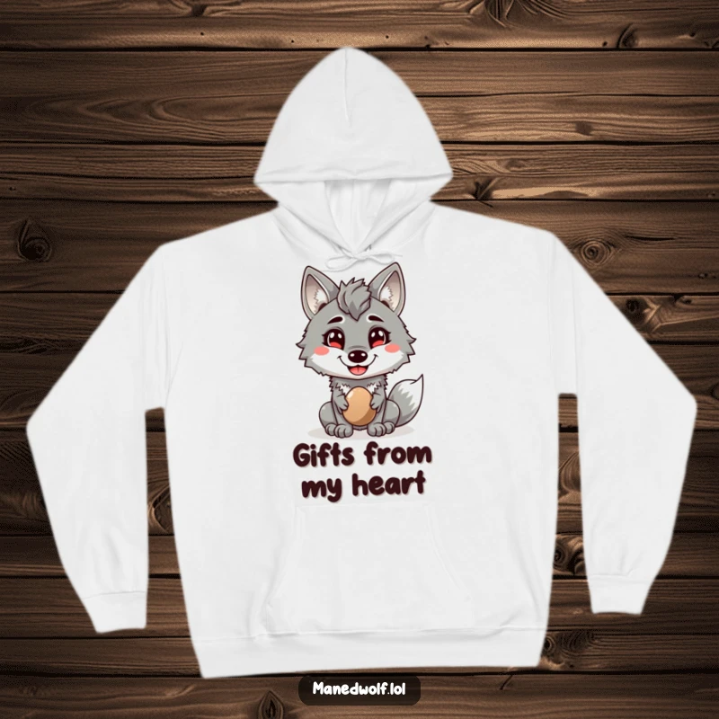 Funny hoodie depicting a cheerful maned wolf offering a shiny pebble, providing warmth and a touch of whimsical kindness.