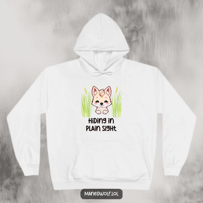 Funny kawaii maned wolf hoodie showing a smiling wolf peeking out from behind tall grass.