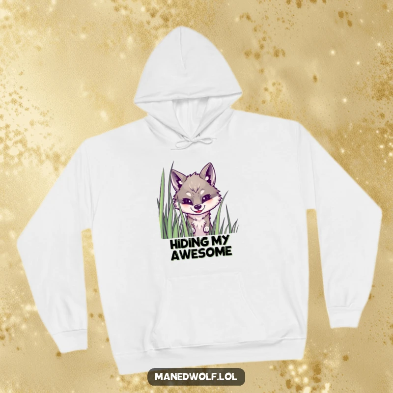 Funny maned wolf hoodie featuring a wolf peeking from behind grass, offering a blend of warmth, comfort, and lighthearted fun.