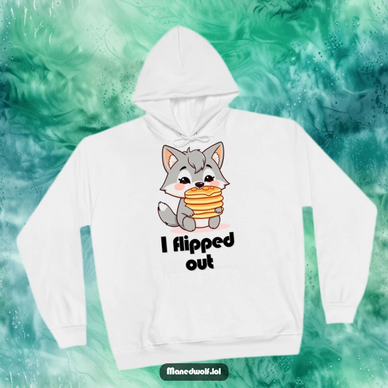 Funny, soft hoodie with a kawaii maned wolf balancing a stack of pancakes on its nose, perfect for cozy brunches.