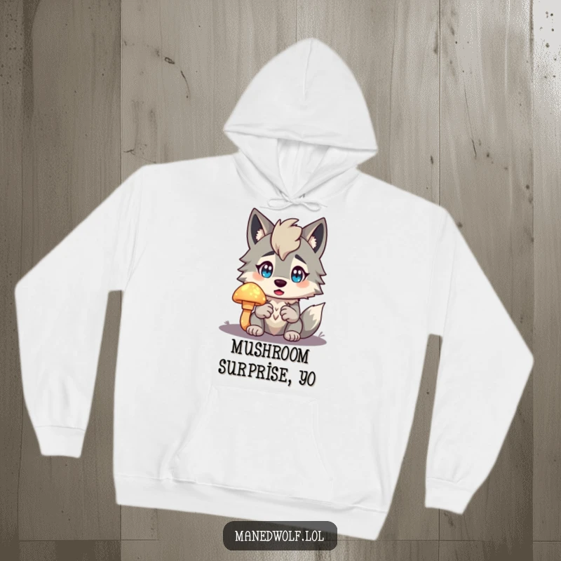 Funny Maned Wolf Hoodie featuring a character with a surprised face holding a glowing mushroom, perfect for cozy, magical moments.