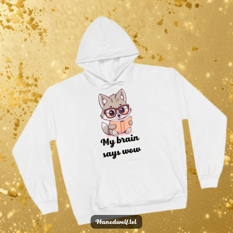 Funny, warm hoodie with a kawaii maned wolf wearing big glasses and reading a tiny book, embodying cozy intellect.