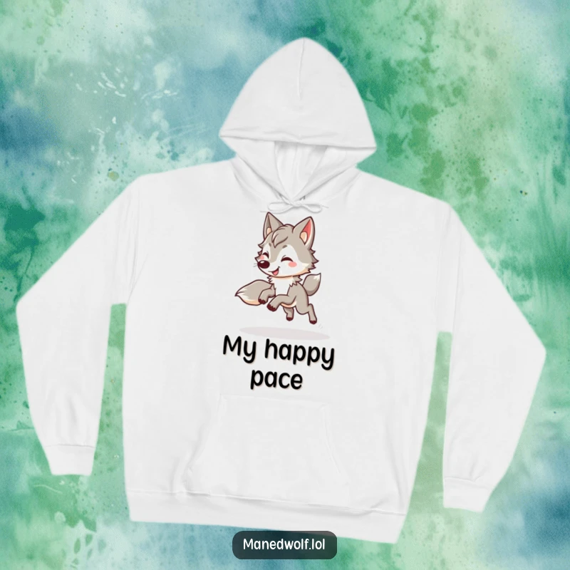 Funny kawaii maned wolf hoodie showing a cute wolf doing a happy, bouncy trot, perfect for warmth and spreading happiness.