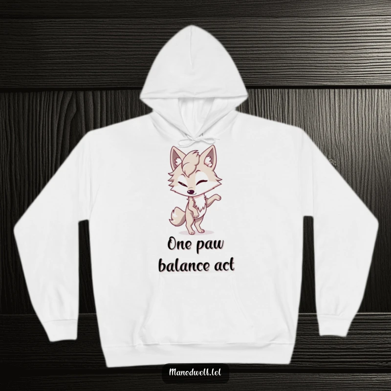 Funny maned wolf hoodie depicting a character winking playfully while balancing skillfully on one paw, radiating cool confidence.