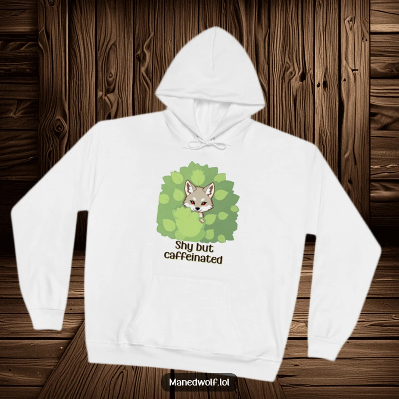 Funny shy maned wolf hoodie, peeking from behind a bush, offering comfort and a touch of playful mystery.