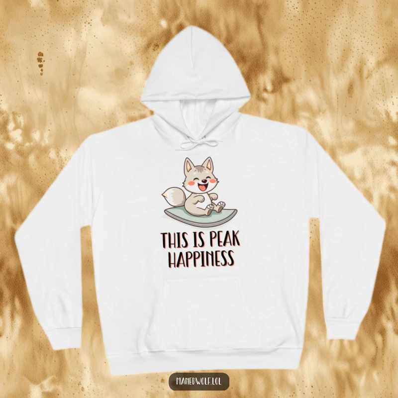 Funny hoodie showcasing a delighted maned wolf joyfully rolling down a green hill, perfect for cozy, humorous wear.