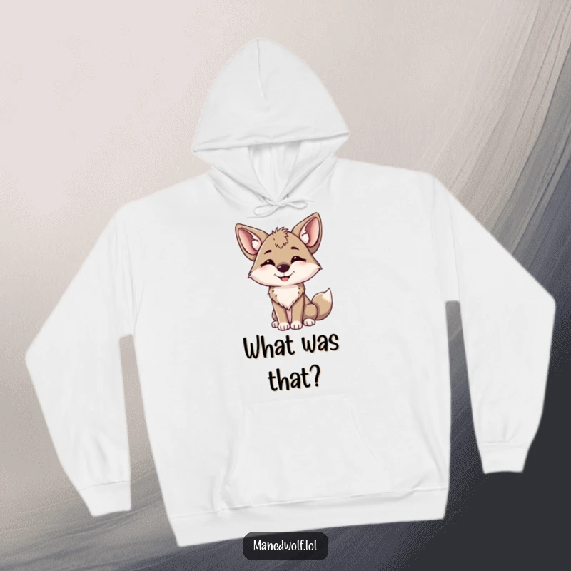 Funny maned wolf hoodie illustration of a contented wolf tilting its head, big ears attentive and alert.