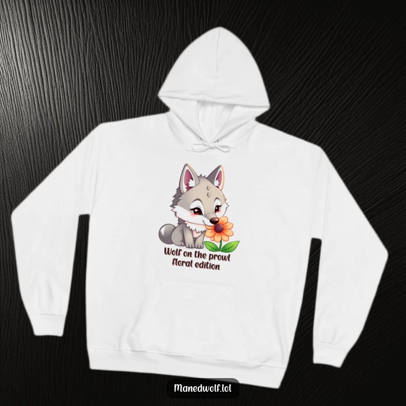 Funny maned wolf hoodie showing a contemplative wolf with a long snout sniffing a beautiful, exotic flower.
