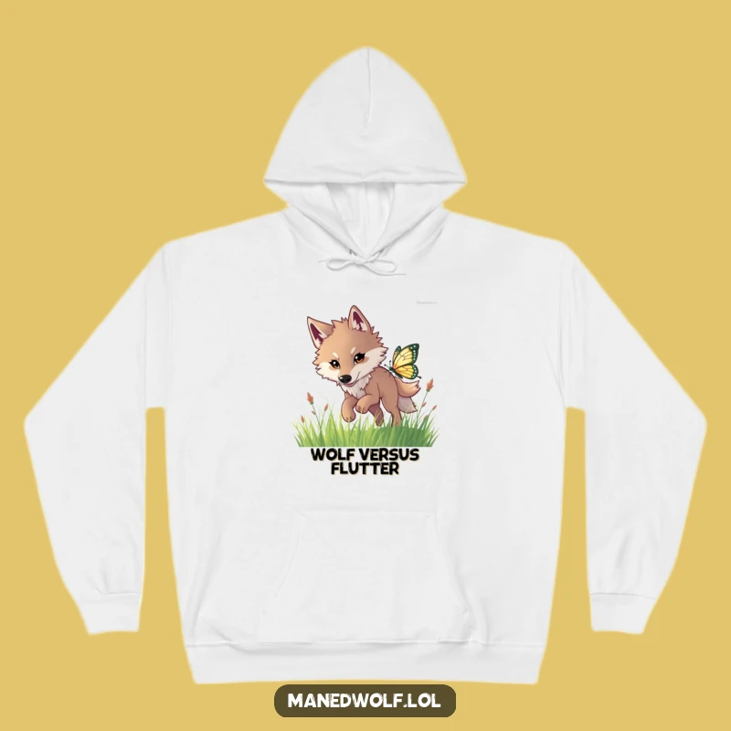 Funny Maned Wolf Butterfly Chase Hoodie: Cozy Fun & Adventure!