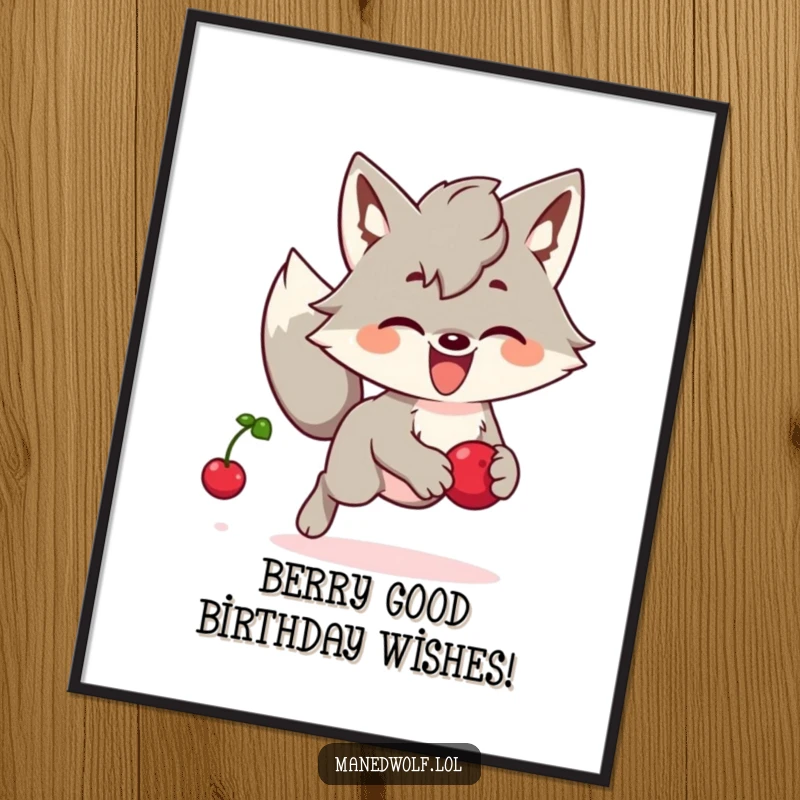 Funny Free Printable Wall Art: Kawaii maned wolf joyfully chasing a bouncing berry, a dynamic and playful scene.