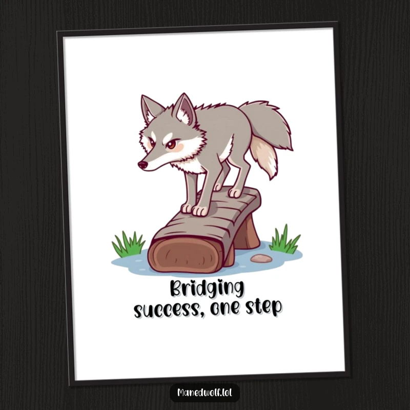 Funny Free Printable Wall Art: A determined maned wolf carefully crossing a narrow log bridge, symbolizing focus and journey.