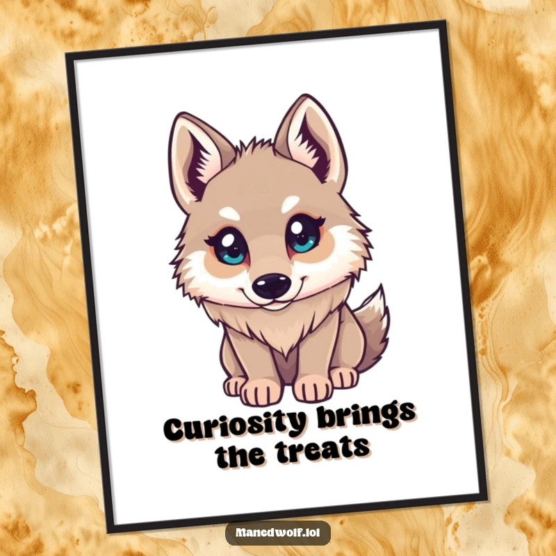 Funny Free Printable Wall Art of a small maned wolf looking up with bright, curious eyes, creating a sense of wonder and playful inquiry.
