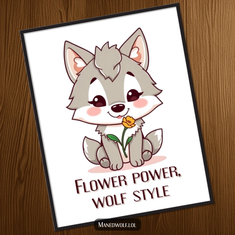 Funny Free Printable Wall Art: A maned wolf stands with a wide, cheerful smile, offering a single, precariously balanced flower.