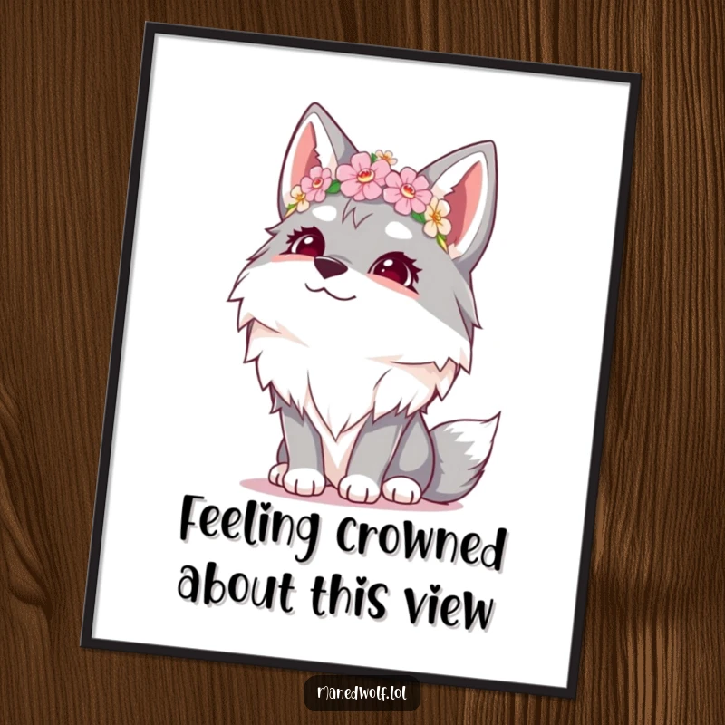 Funny Free Printable Wall Art: A giggling maned wolf in a tiny flower crown gazes upward joyfully, perfect for whimsical decor.
