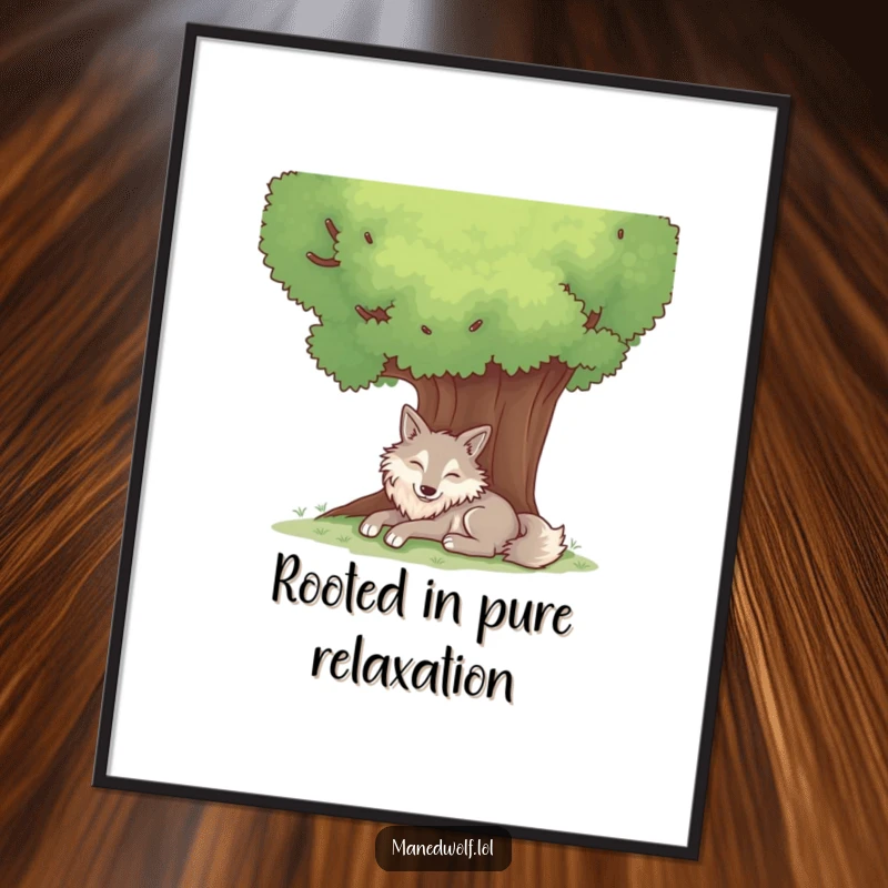 Free Printable Wall Art: A contented maned wolf rests peacefully under a large, shady tree, creating a serene natural scene.