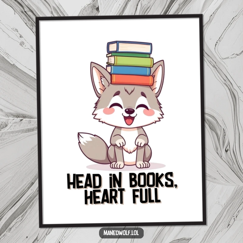 Funny Free Printable Wall Art: A maned wolf comically striving to keep a large stack of books balanced on its head, looking quite perplexed.