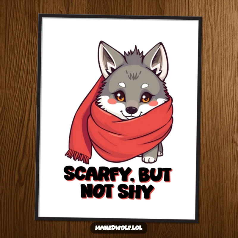 Funny Free Printable Wall Art: A maned wolf curiously peeking its head out from behind an oversized, bright red scarf, looking playful.