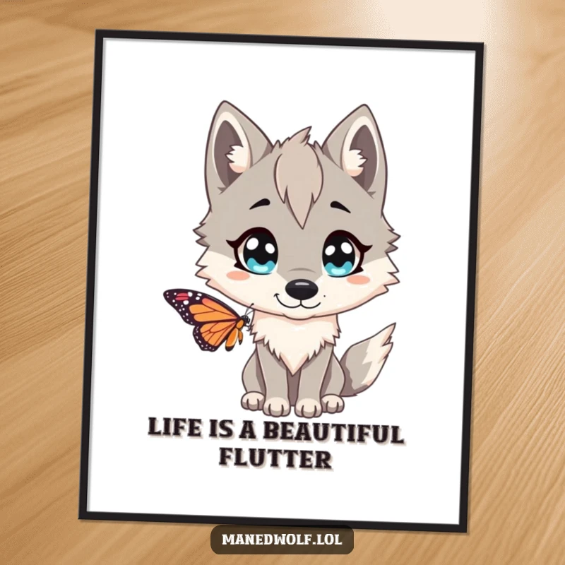 Funny Free Printable Wall Art: A maned wolf with incredibly wide eyes, playfully startled by a butterfly.