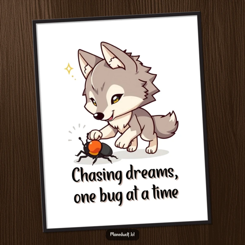 Funny Free Printable Wall Art: A maned wolf with a playful spark in its eyes, comically chasing a small beetle through the grass.