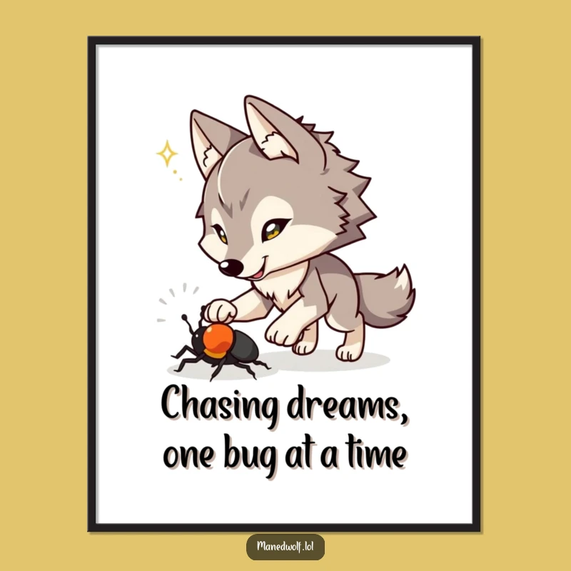 Free Printable Wall Art: Playful Maned Wolf Chasing Beetle Funny Downloadable Decor
