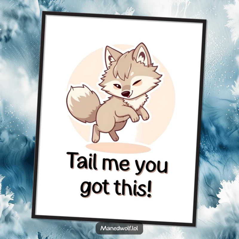 Funny Free Printable Maned Wolf Wall Art: Fluffy wolf artistically chasing its tail in a joyful, dizzying circle, bringing playful charm.