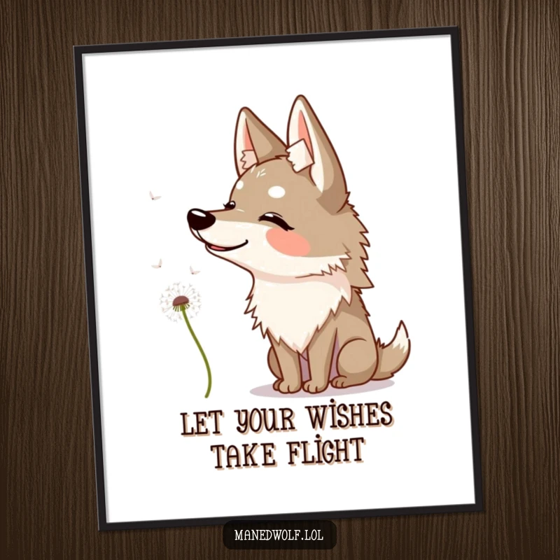 Funny Free Printable Wall Art: Maned wolf curiously tilting head at a floating dandelion seed, whimsical and enchanting.