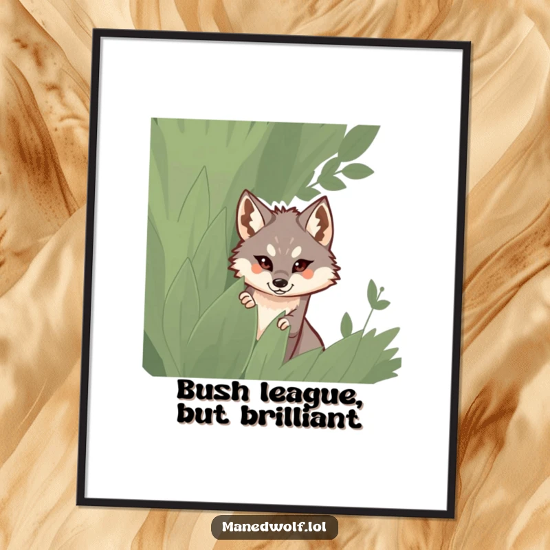 Funny Free Printable Wall Art of a maned wolf stealthily peeking from behind a large, leafy bush, creating a scene of playful suspense.