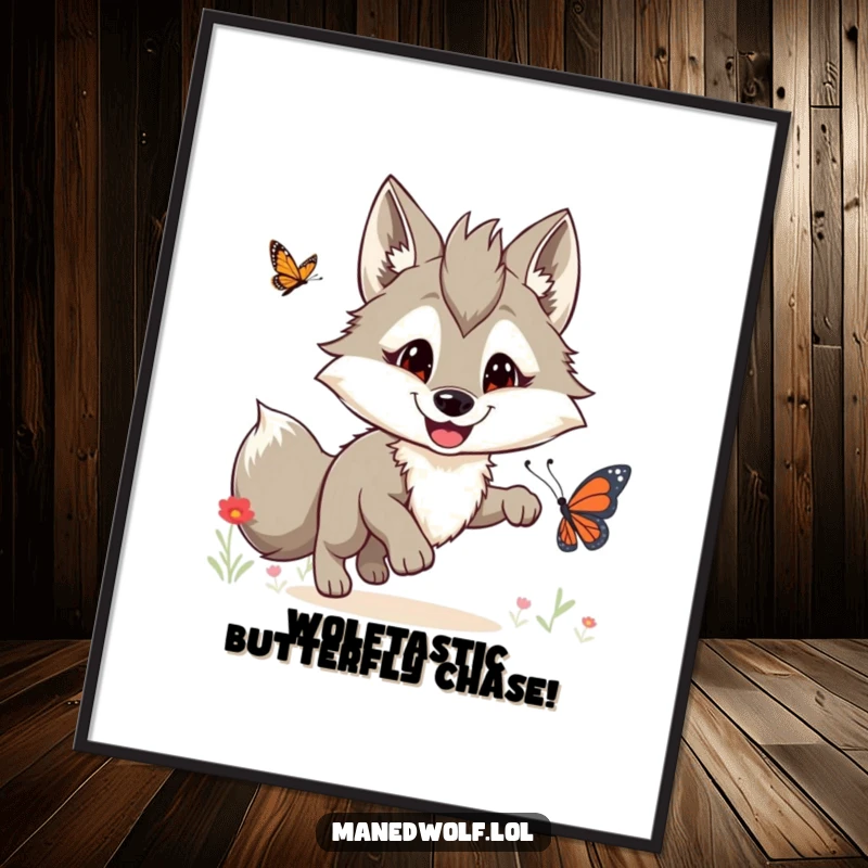 Funny Free Printable Wall Art: A cheerful maned wolf enthusiastically pursuing a butterfly across a sunny, open field.