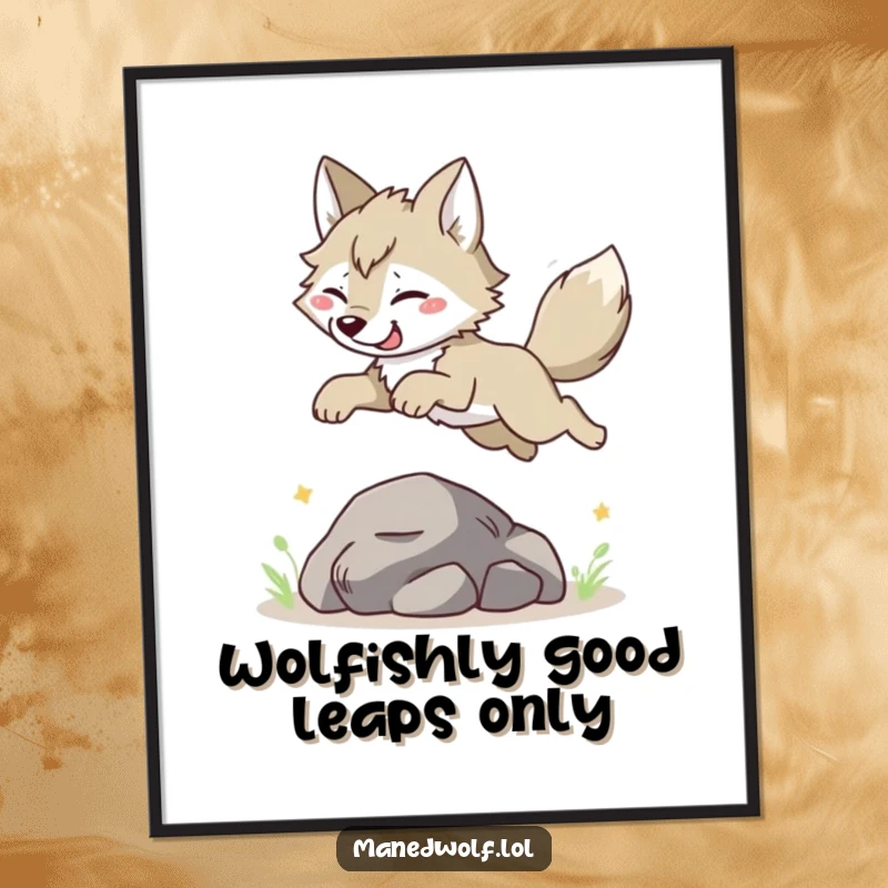 Funny Free Printable Wall Art featuring a maned wolf in a dynamic, joyful leap over a small rock, full of playful energy.