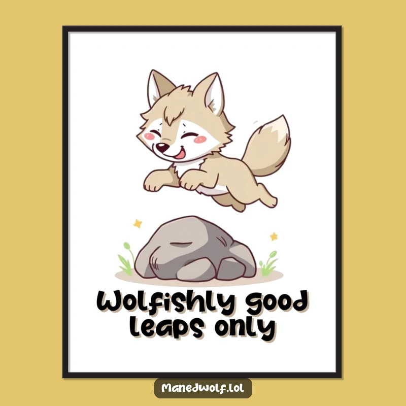 Funny Free Printable Wall Art: Maned Wolf Leaping Joyfully Over a Rock