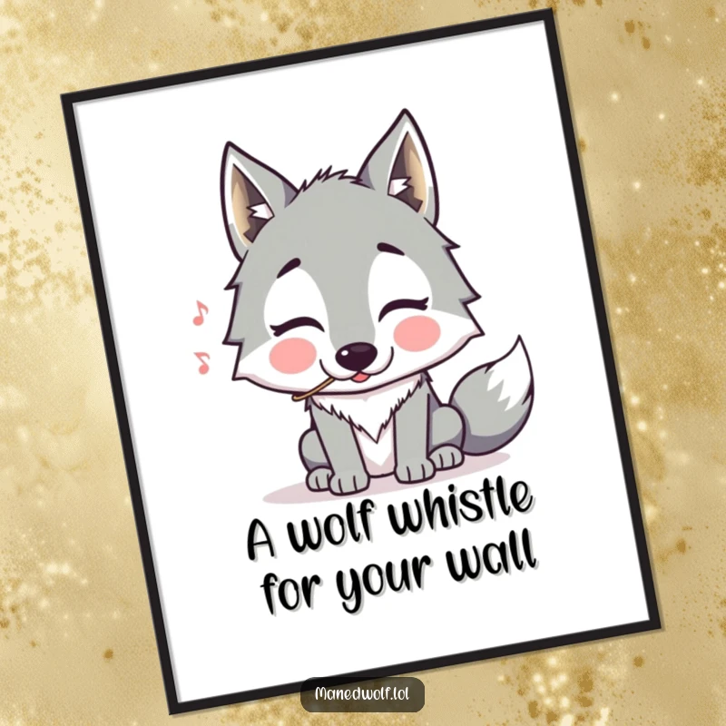 Funny Free Printable wall art of a maned wolf with puffed cheeks, humorously attempting to whistle a jaunty, off-key tune.