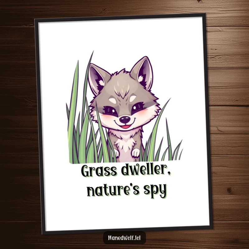 Funny Free Printable wall art of a maned wolf joyfully peeking from behind grass, a downloadable happy art piece.