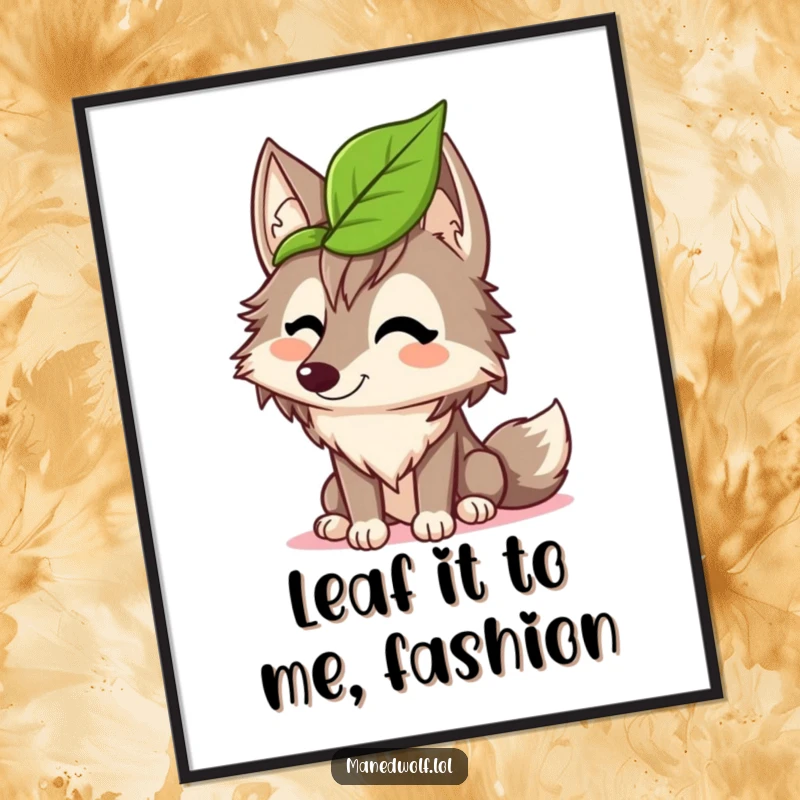 Funny Free Printable wall art of a maned wolf giggling while sporting a leaf as a hat, downloadable quirky art.