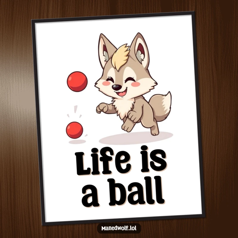 Free Printable Wall Art: A cute maned wolf with a wide smile playfully chases a bouncing red ball, full of vibrant energy.