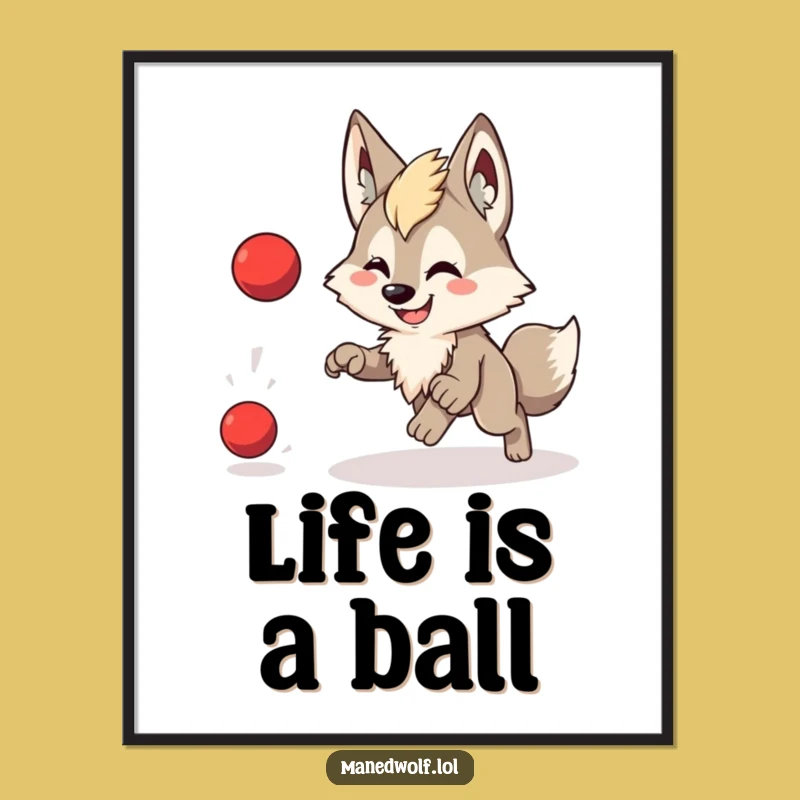 Free Printable Maned Wolf Art: Playful Ball Chase Downloadable Decor