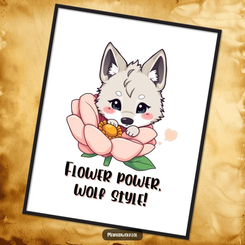 Funny Free Printable Wall Art: Kawaii maned wolf peeking out playfully from behind a massive, vibrant flower, bringing joy.