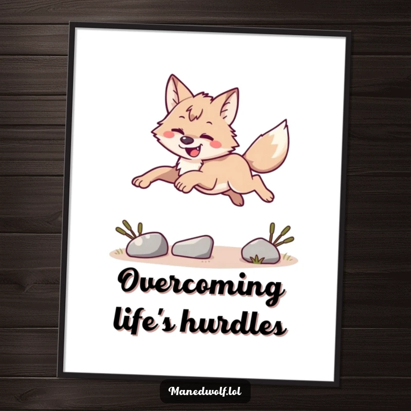 Free Printable Wall Art: A happy maned wolf captured in a dynamic leap over a small obstacle.