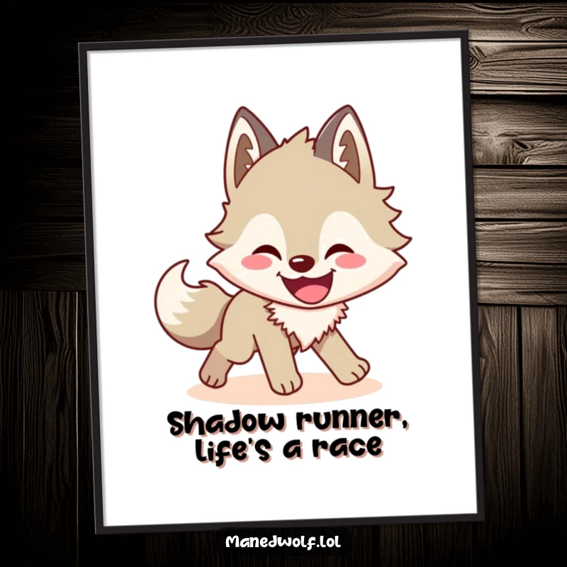 Funny Free Printable wall art of a grinning maned wolf joyfully chasing its own shadow, a downloadable piece of art.