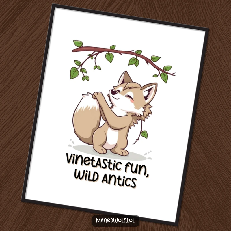 Funny Free Printable Wall Art: Playful maned wolf batting at a dangling vine, a downloadable gift.