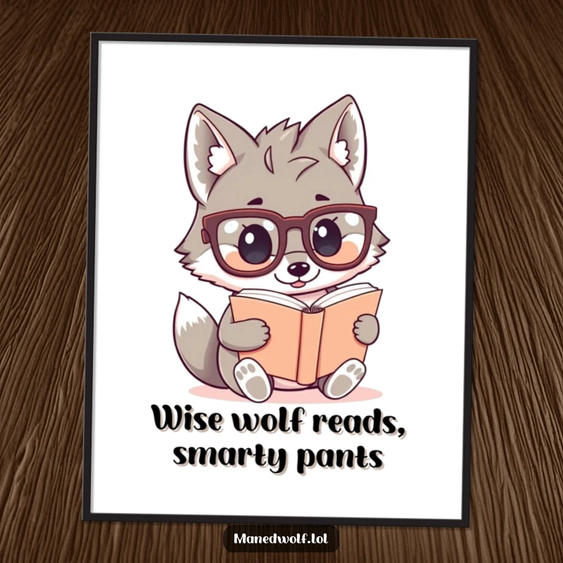 Funny Free Printable Wall Art: A kawaii maned wolf wearing comically large glasses reads a very small book.