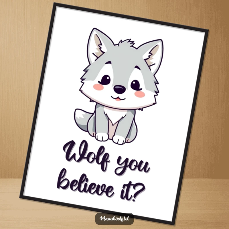 Funny Free Printable Wall Art: Kawaii maned wolf with comically surprised expression, tilted ears, adding quirky charm to any room decor.