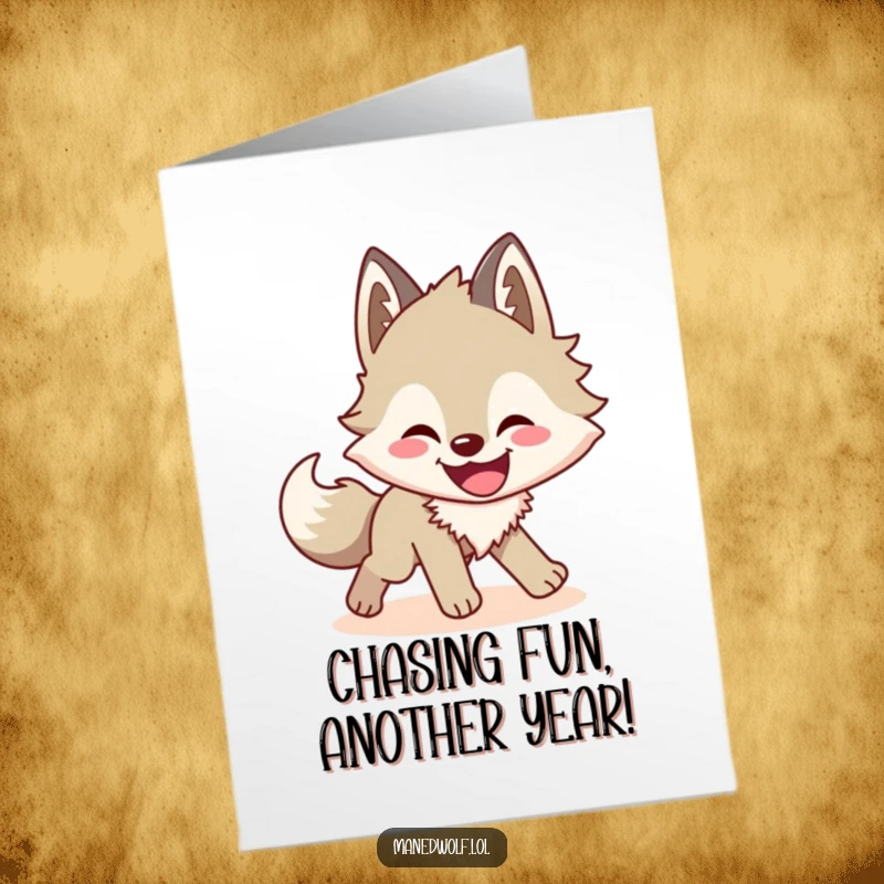 Funny Free Printable birthday card featuring a smiling maned wolf gleefully chasing its own shadow, a perfect downloadable gift.