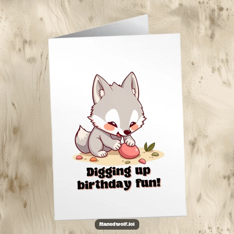 Funny Free Printable Birthday Card: Excited kawaii maned wolf digging enthusiastically for a hidden birthday treat, full of playful energy.